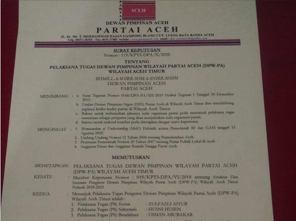 Partai Aceh Tunjuk Tiga Pelaksana Tugas Baru
